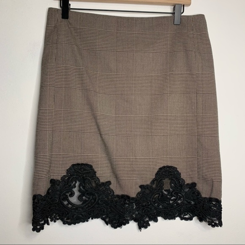 Adrianna Papell Plaid Lace Trim Pencil Skirt